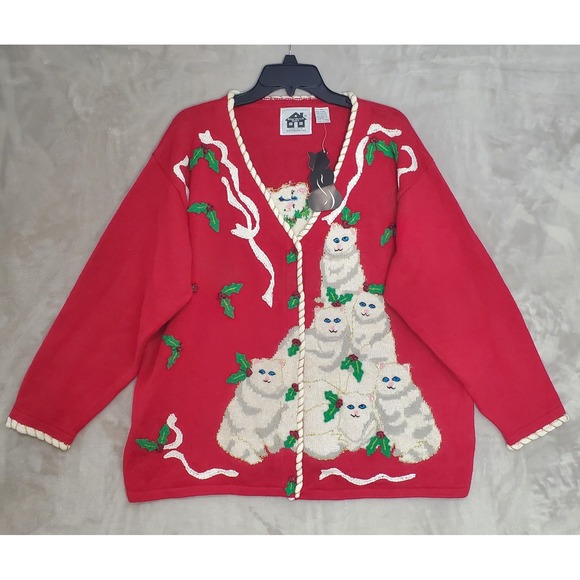 Storybook Knits Sweaters - Storybook Knits Sweater Womens 2XL Red Christmas Siamese Cat Cardigan NWT